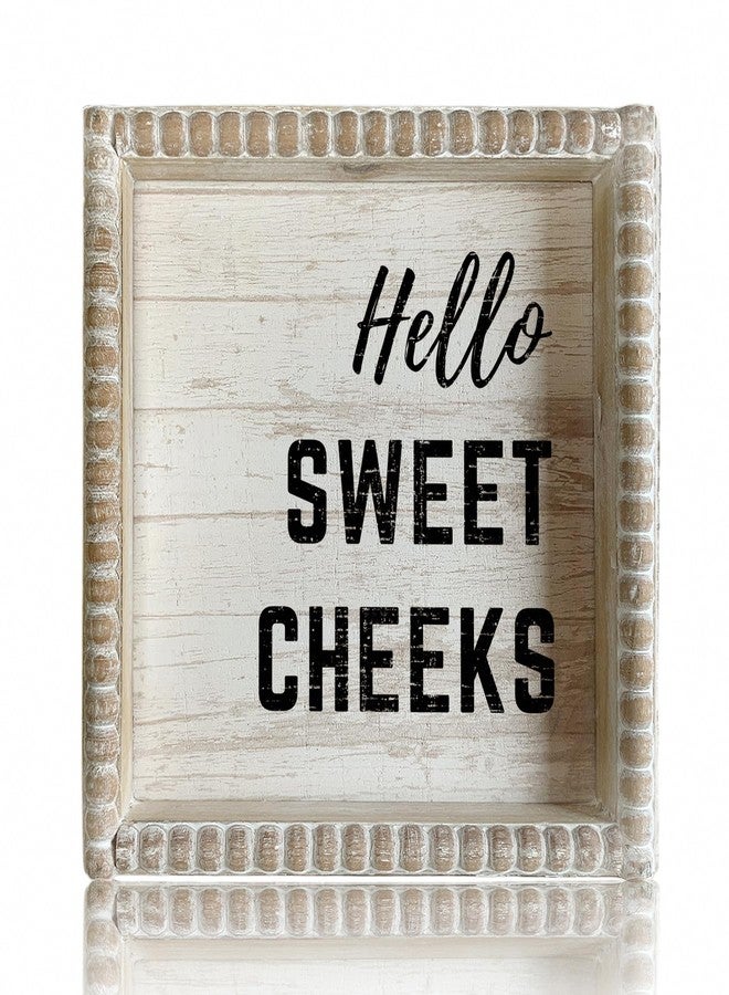 ZLFart Boho Farmhouse Wooden Framed Bathroom Decor Signs, Funny Restroom Decorative Plaque Small Cute, Toilet Rules Shelf Decoration (Hello Sweet Cheeks) - Image 1